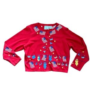 Vintage Michael Simon Patriotic Flag Embroidered Red Cardigan Size:M